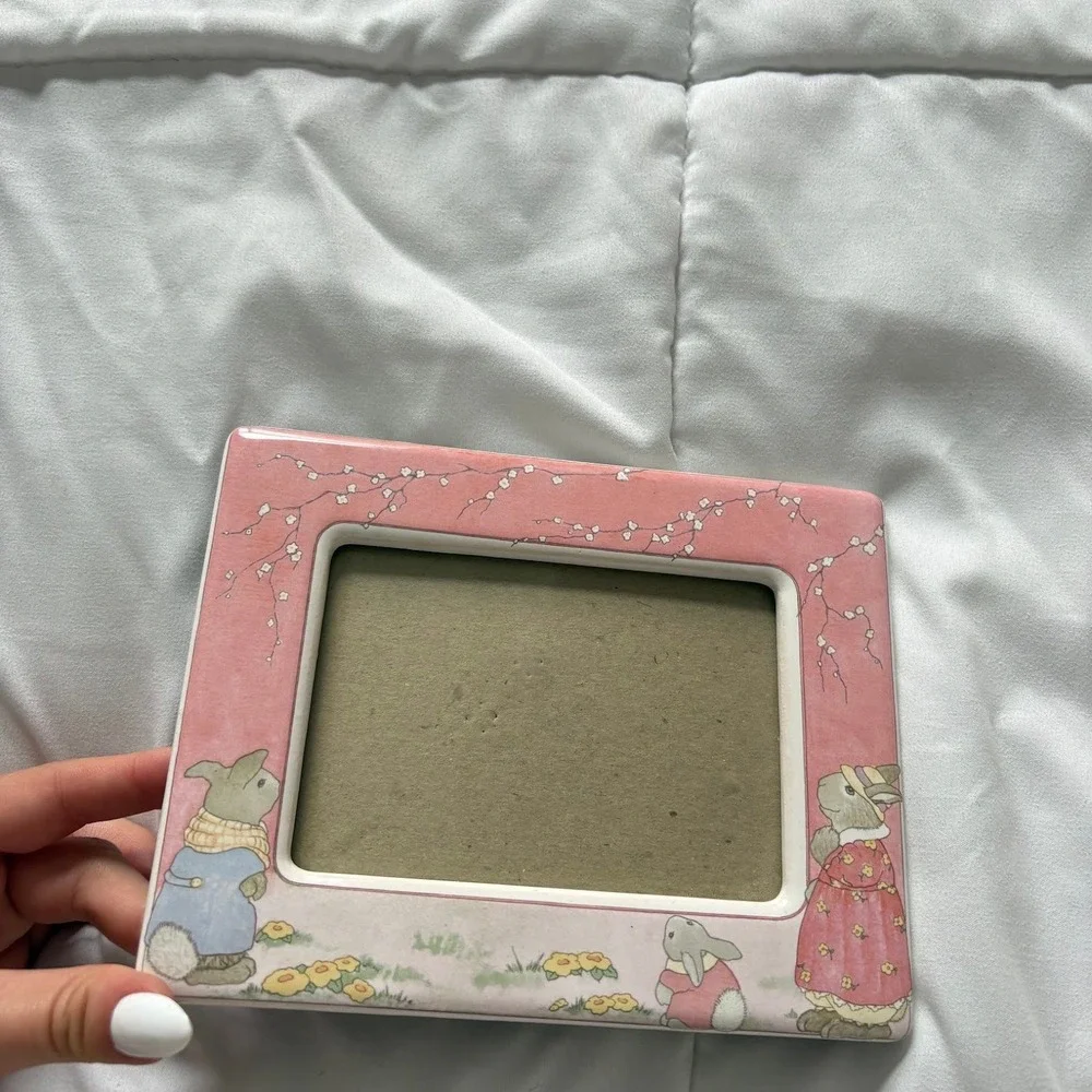 Vintage Bunny Rabbit Ceramic Picture Frame Pink Floral Nursery Decor 5x3.5